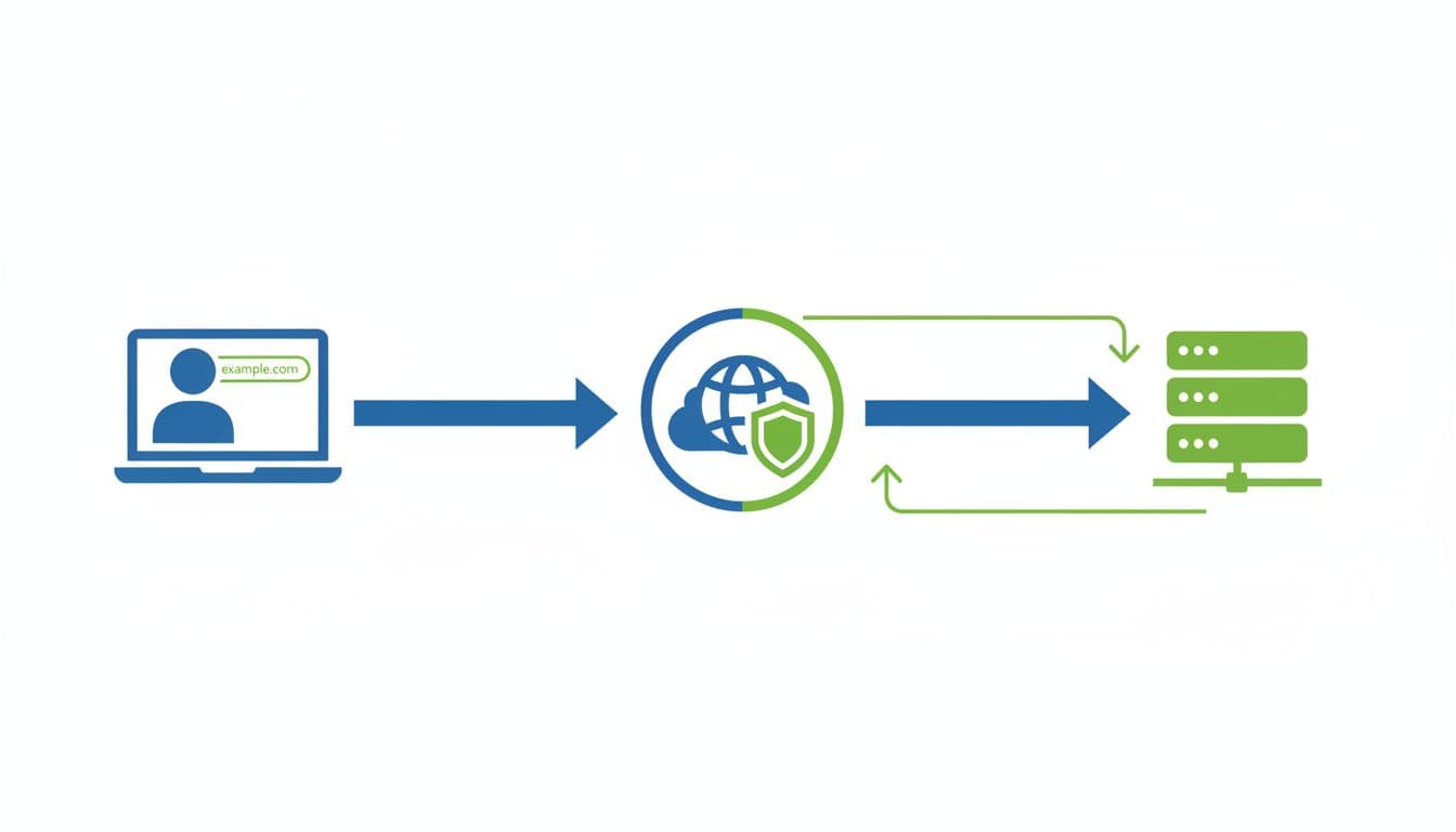 Simple flowchart showing user on laptop sending request to Cloudflare edge server with globe icon, then to origin server, with response arrows returning. Clean blue and green icons on white background, landscape orientation.