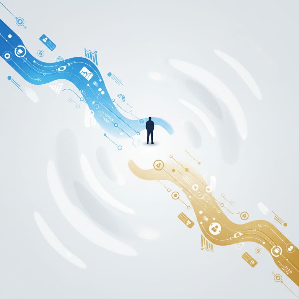 Blue performance metrics stream and gold audit log stream split diagonally in cloud, with silhouette observer.