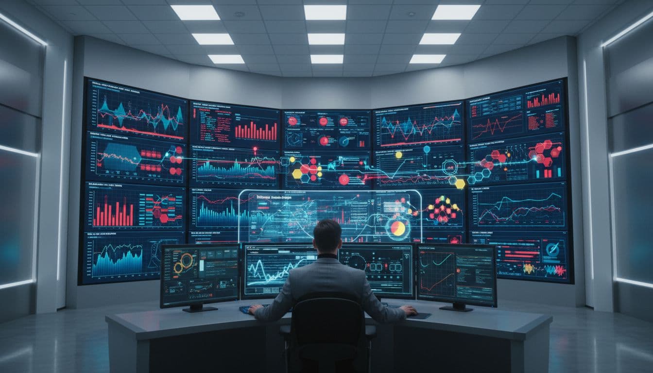 Modern control room featuring large screens with colorful graphs, metrics, and alerts for AWS CloudWatch resources like EC2 instances and Lambda functions, with one operator at the console.
