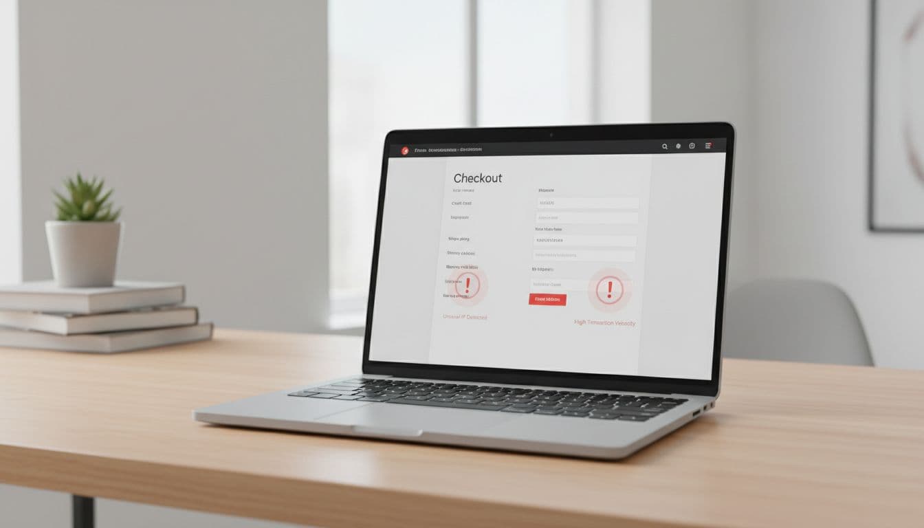 Laptop on a desk showing ecommerce checkout page with subtle red warning icons for suspicious CNP fraud activity like unusual IP or velocity checks, in modern office setting.
