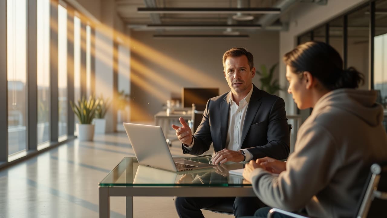 Two professionals sit at a desk in a sunny office discussing a music business project on a laptop.