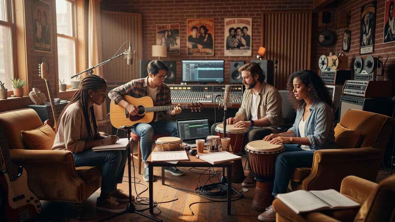 Three musicians sit around a cluttered wooden table filled with lyrical notebooks and acoustic guitars. Sunlight pours through large windows, illuminating the creative workspace and organized song writing equipment.