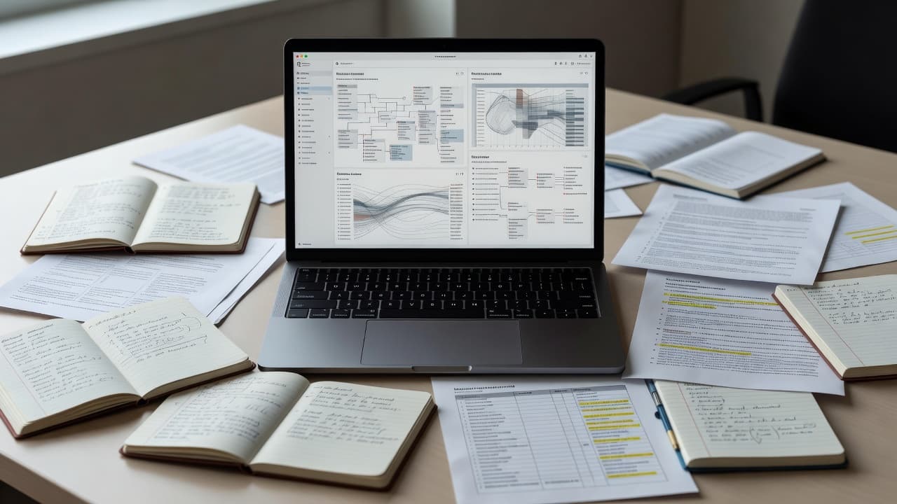 A laptop showing a digital interface surrounded by messy financial documents and notebooks on a desk.