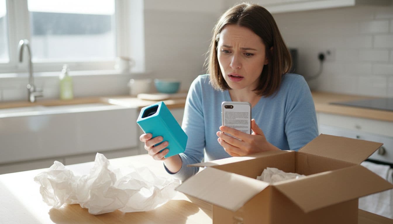 Confused ecommerce customer unboxing a product at home kitchen table, discovering it doesn't match the description, checking phone for return policy details with a disappointed expression. Realistic photograph in bright natural kitchen lighting, exactly one person.