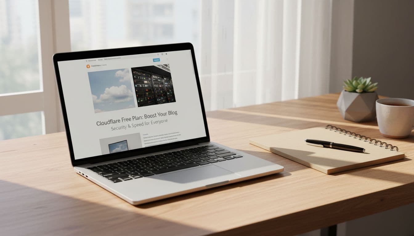 Photorealistic cozy desk setup with an open laptop displaying a simple blog website, notebook and pen nearby, soft window light on wooden surface, relaxed atmosphere.