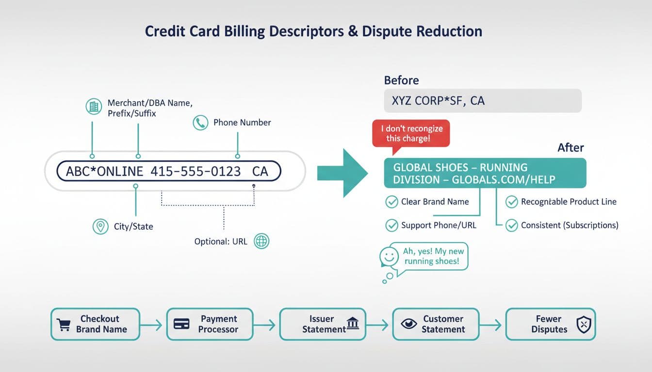 Clean, modern vector infographic explaining credit card billing descriptors on bank statements, with before/after fixes to reduce unrecognized charge disputes.