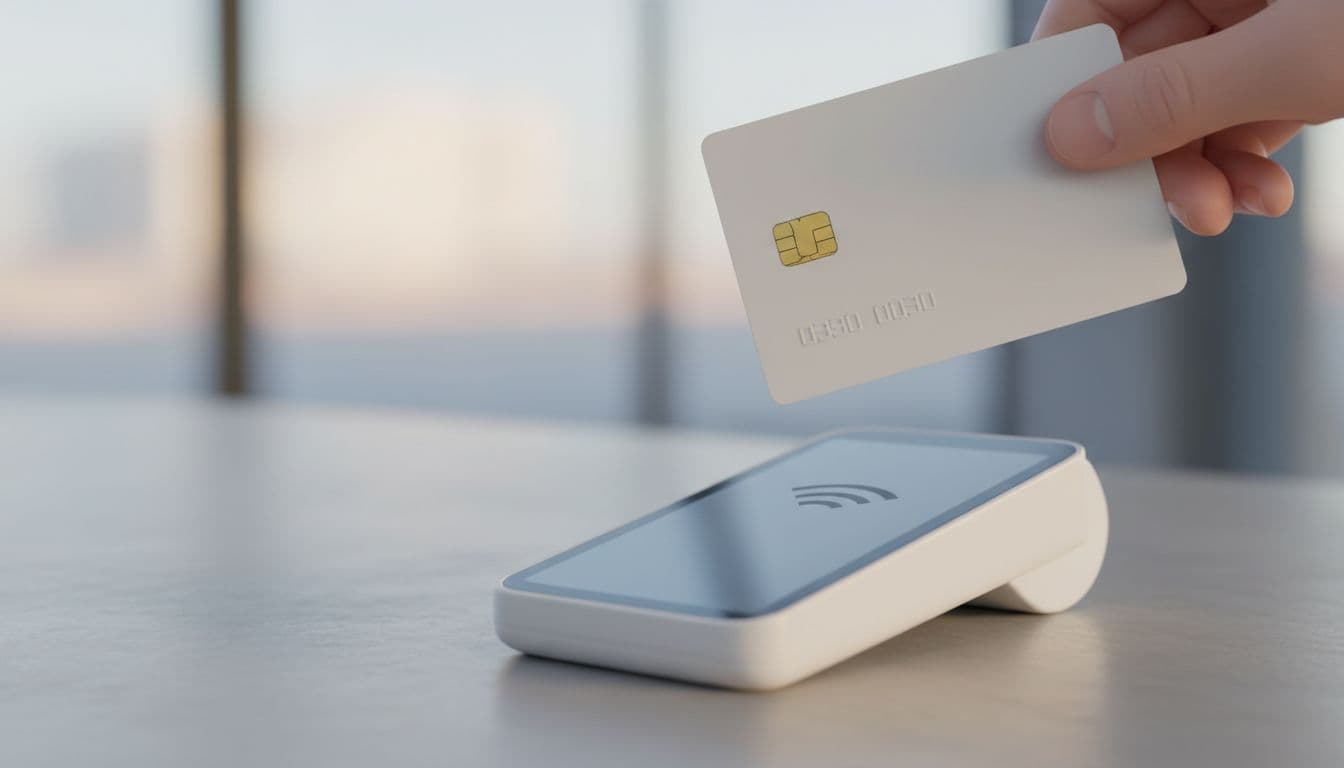 A credit card is held near a contactless payment terminal during a digital transaction.