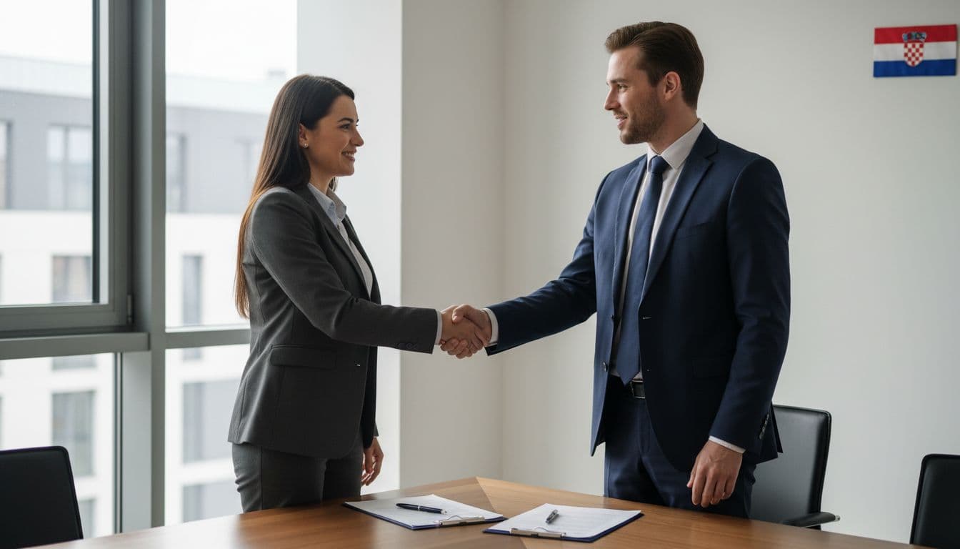 Modern Zagreb office with two professionals, one local and one international, shaking hands over employment contract documents on desk, natural daylight, subtle Croatian flag.