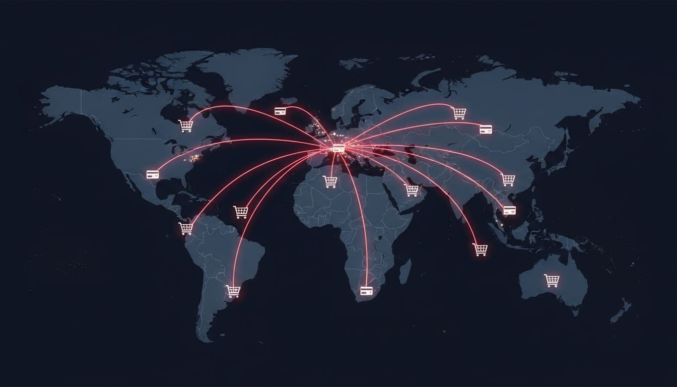 Dark world map with glowing red lines connecting cities in Europe, Asia, South America to US, plus credit card and shopping cart icons.
