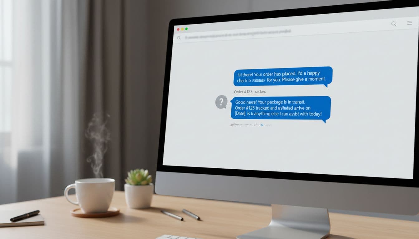 Close-up of computer screen showing customer service chat with order tracking response, coffee mug on office desk background.
