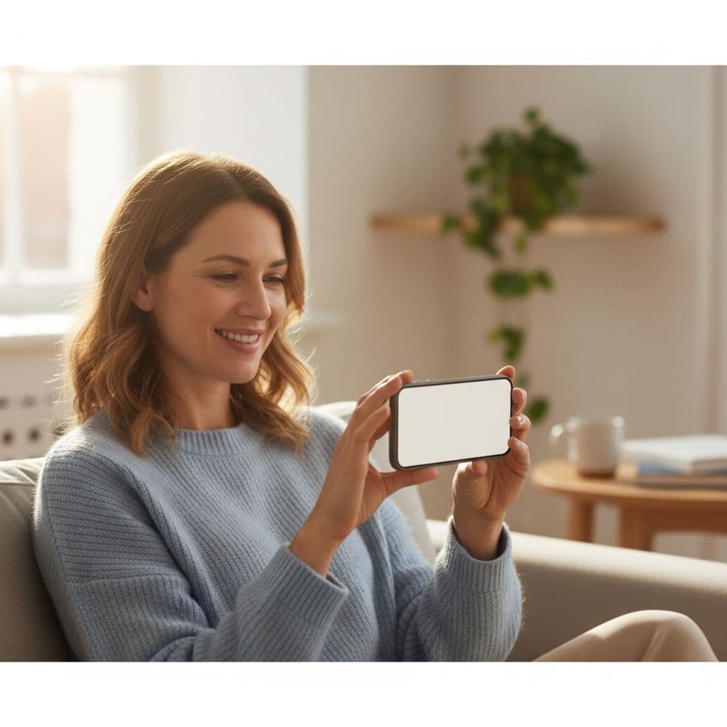 A person looks at their smartphone with a relieved expression in a bright home setting.