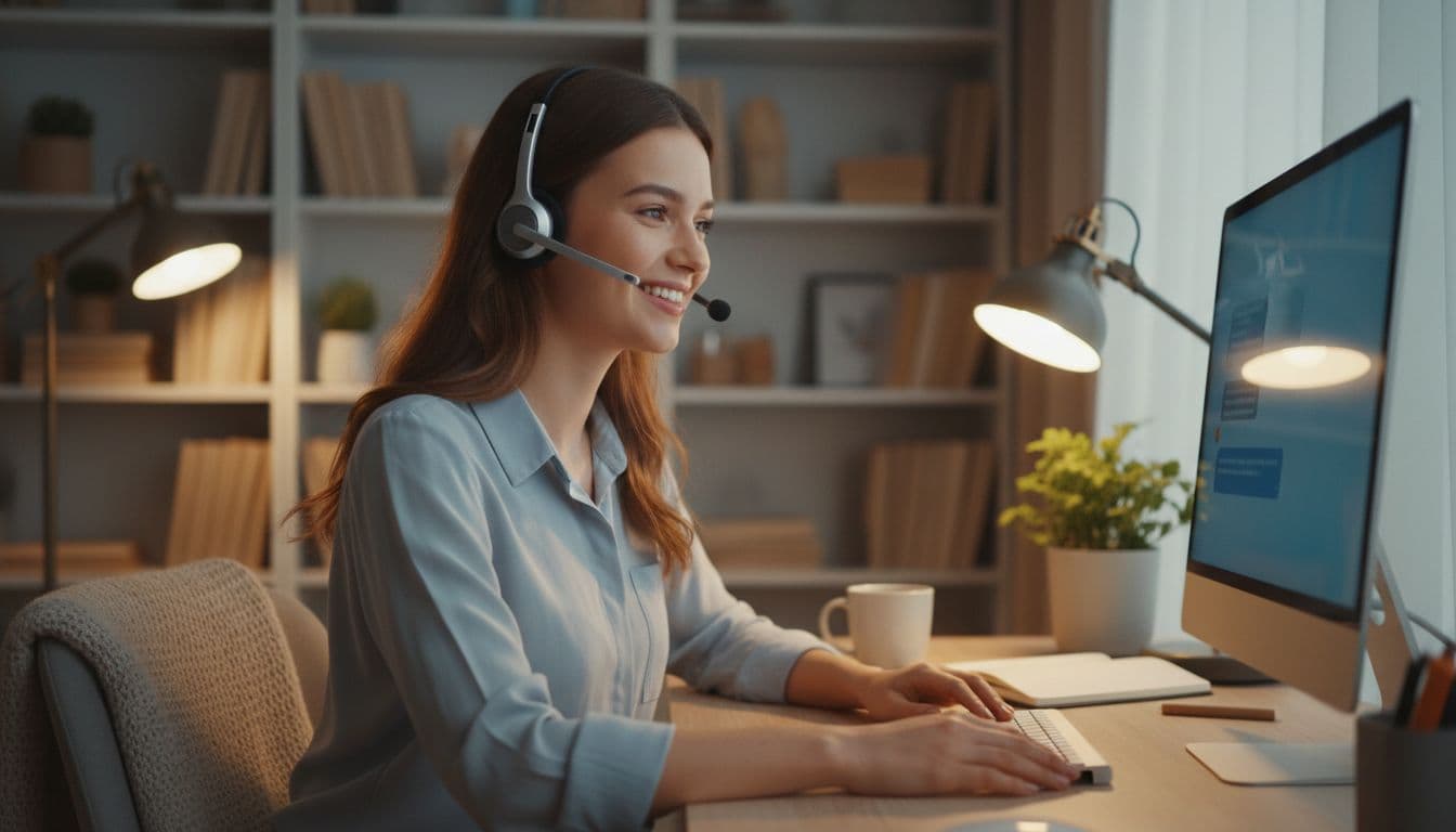 A friendly customer service agent with headset sits at a cozy home office desk, helping via chat about a product issue, with blurred chat window on screen, bookshelves, and warm lighting.
