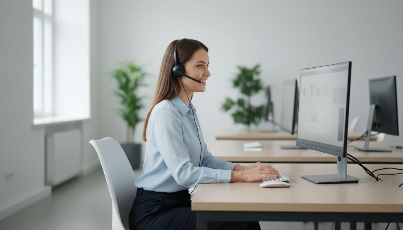 Customer service agent at desk in modern office wears headset and smiles while typing on computer.