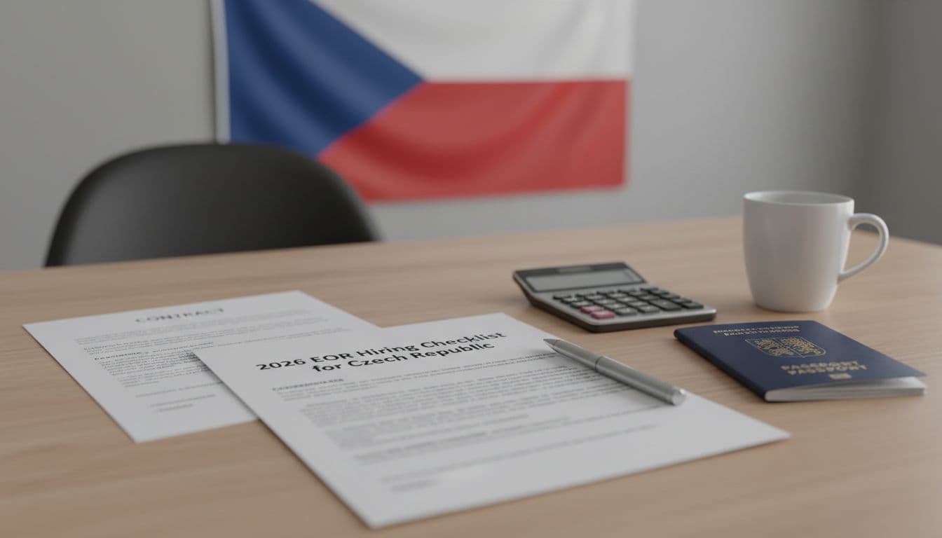 Clean modern office desk with printed hiring checklist, pen, passport, contract papers, calculator, and coffee mug, subtle Czech flag in background. Landscape realistic photo with soft overhead lighting, no people or readable text.