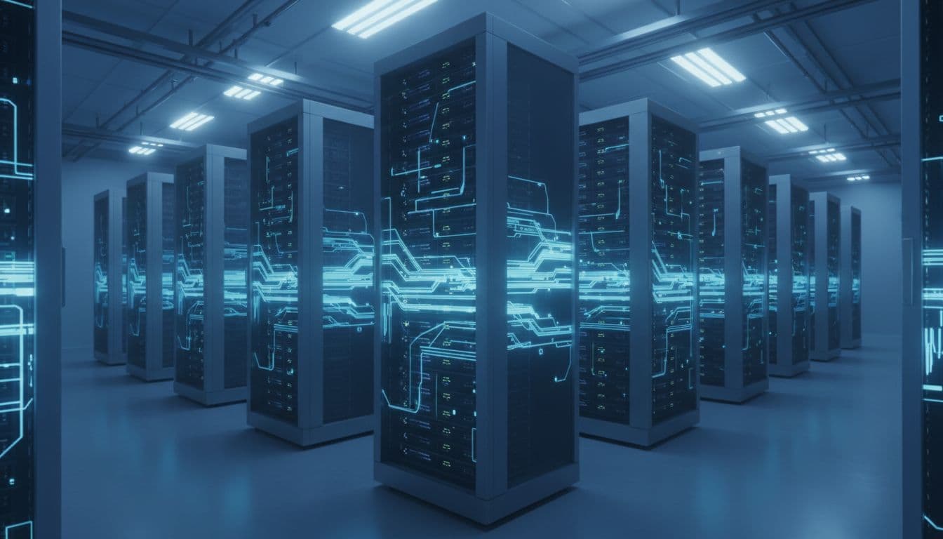 Data center scene with racks of servers running analytics and batch jobs, dynamic energy flow visualization showing fluctuating capacity with some interruptions indicated by dim lights, high-tech realistic style, blue tones, no people, no text or logos, focused composition. No letterboxing, no black bars, no borders, no frames around the image.