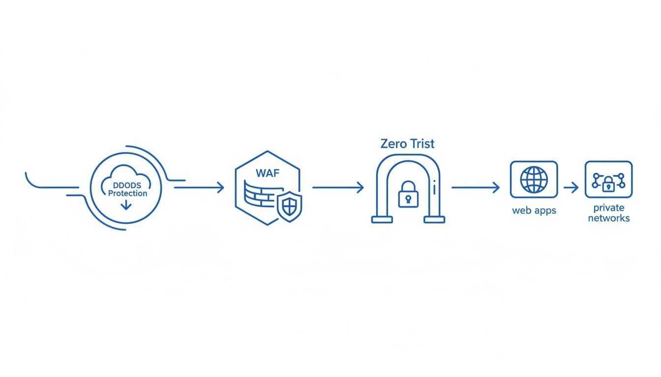 Flowchart depicts arrow from internet traffic through DDoS icon, WAF shield, Zero Trust gate to web app and private network servers.