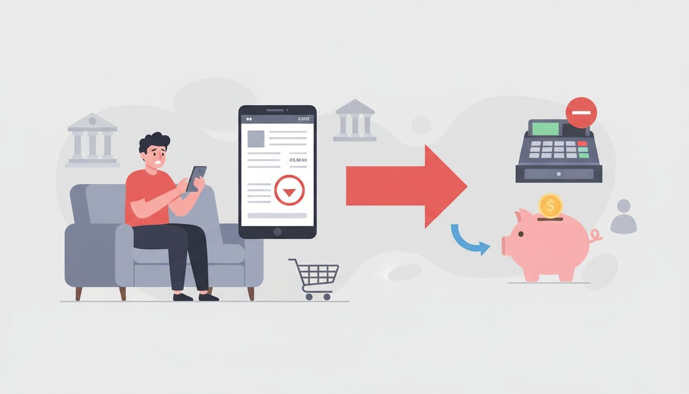 Upset customer checks phone bank statement as arrow shows funds pulled from merchant account with bank, merchant, customer icons.