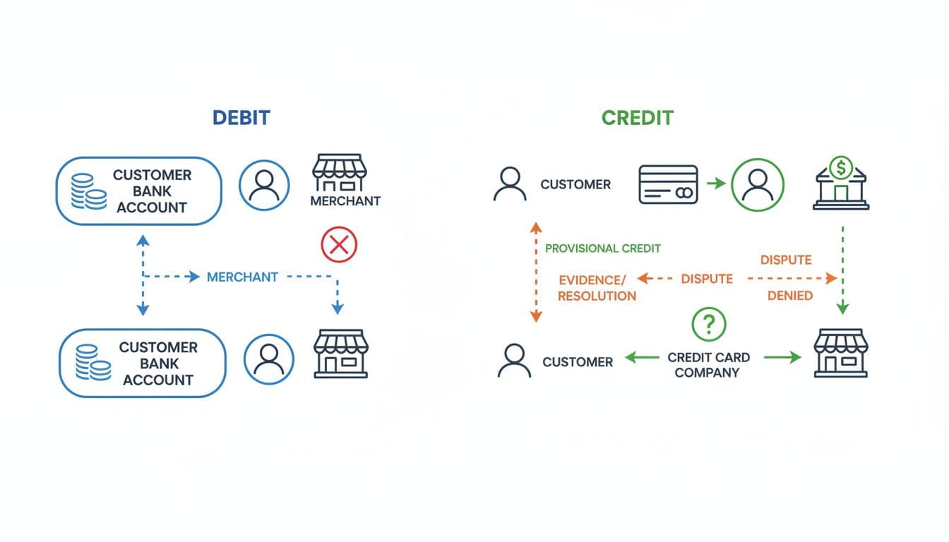 Side-by-side icons compare debit chargeback's direct merchant fund pull to credit's provisional credit and dispute.