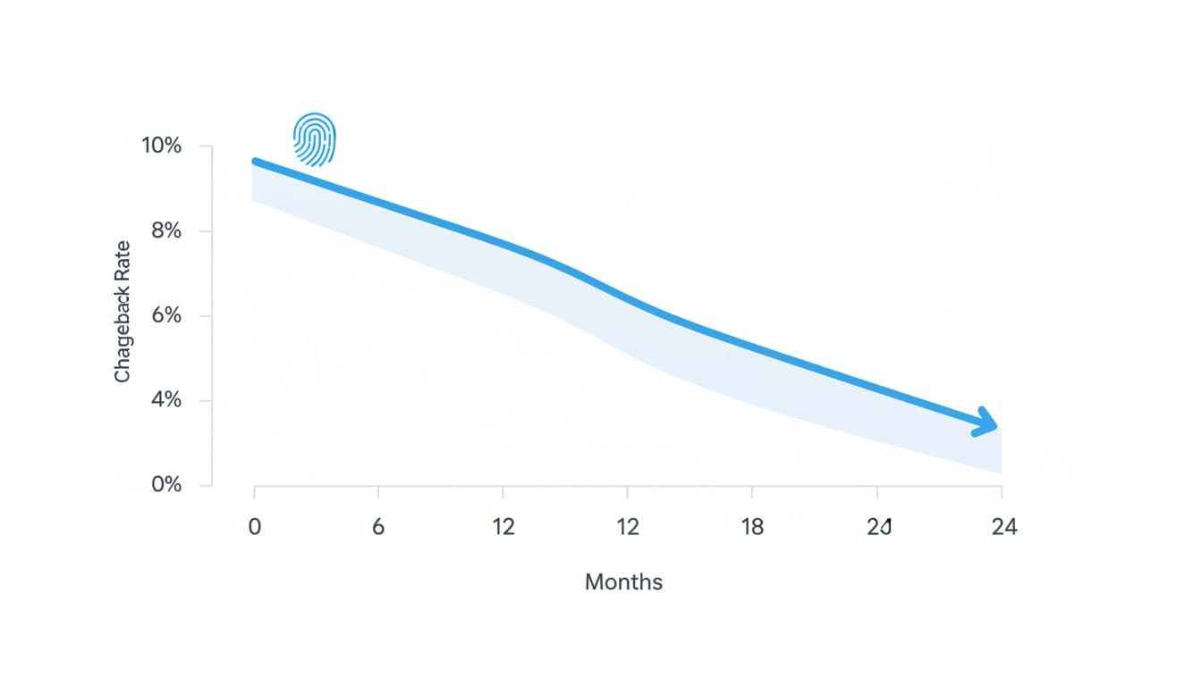 A simple line graph on a white background shows declining chargeback rates over time after enabling device fingerprinting, in a professional infographic style with minimal axis labels.