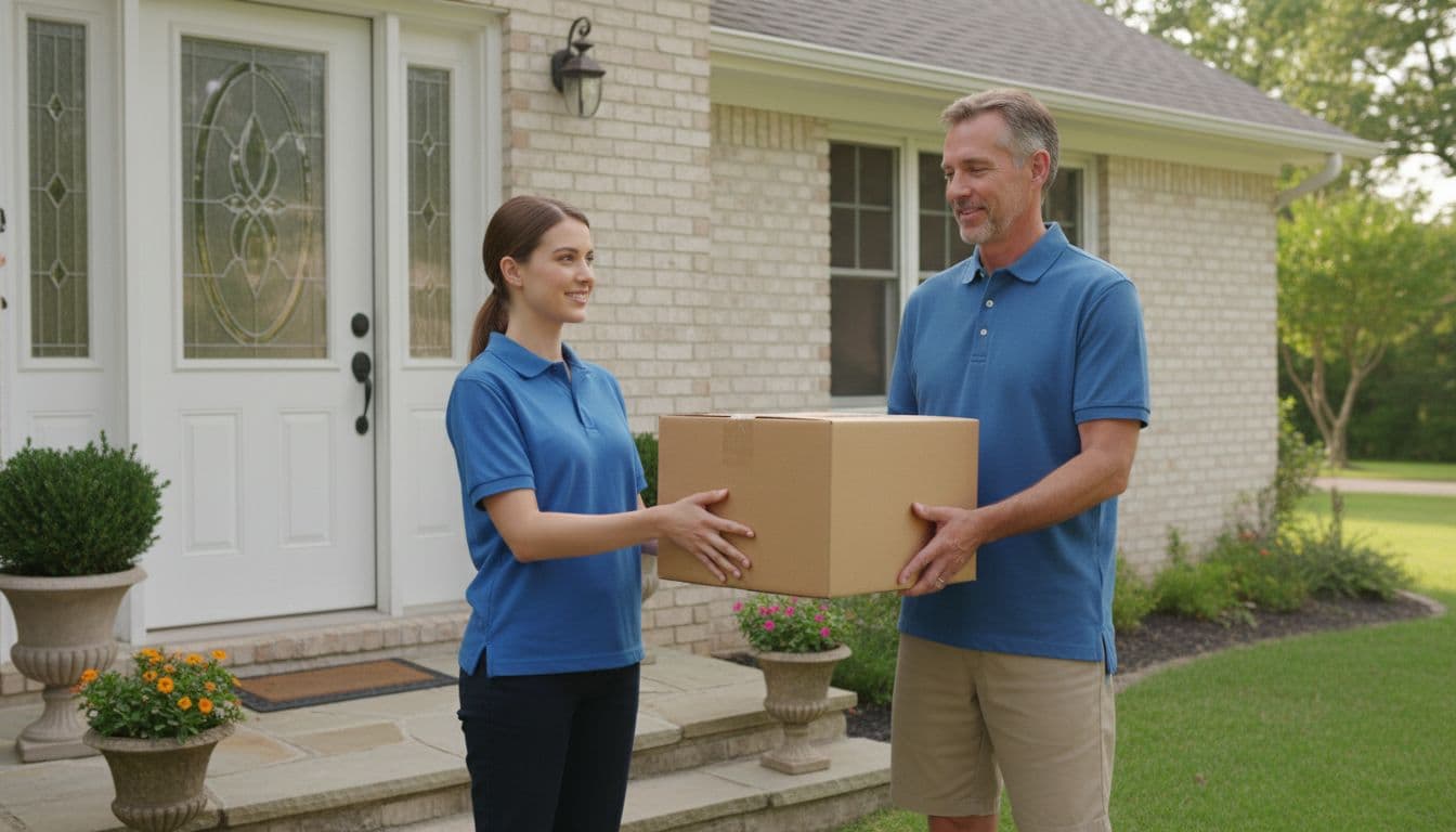 A delivery person hands a cardboard shipping box to a customer at the front door of a suburban house in bright daytime sunlight, realistic photography style. This serves as evidence for successful claims by illustrating proof of shipment and delivery for seller protection.