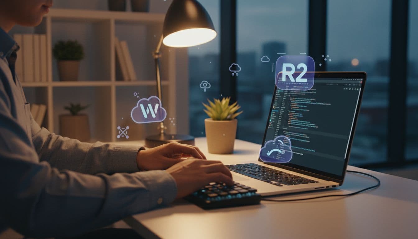 A developer at a modern home office desk codes on a laptop surrounded by floating abstract serverless cloud icons, illuminated by warm lamp light in a photorealistic landscape scene.