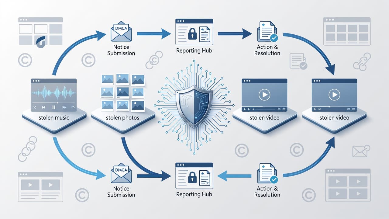 A stylized web interface layout features floating document icons and musical notes being protected by a glowing shield. Subtle grid lines and neutral blue tones define the professional legal-tech workspace.