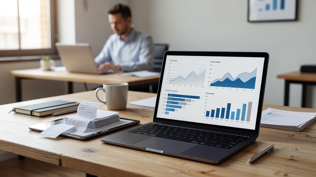 A sleek professional desk features a laptop and tablet displaying vibrant financial charts and analytical graphs. In the soft-focus background, an employee works steadily within a clean, orderly corporate office setting.