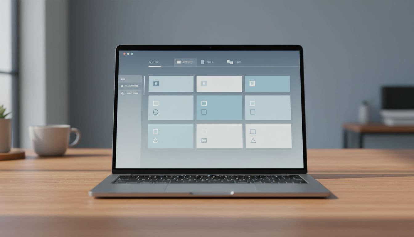 A laptop screen displays a clean interface with categorized files on a wooden desk.