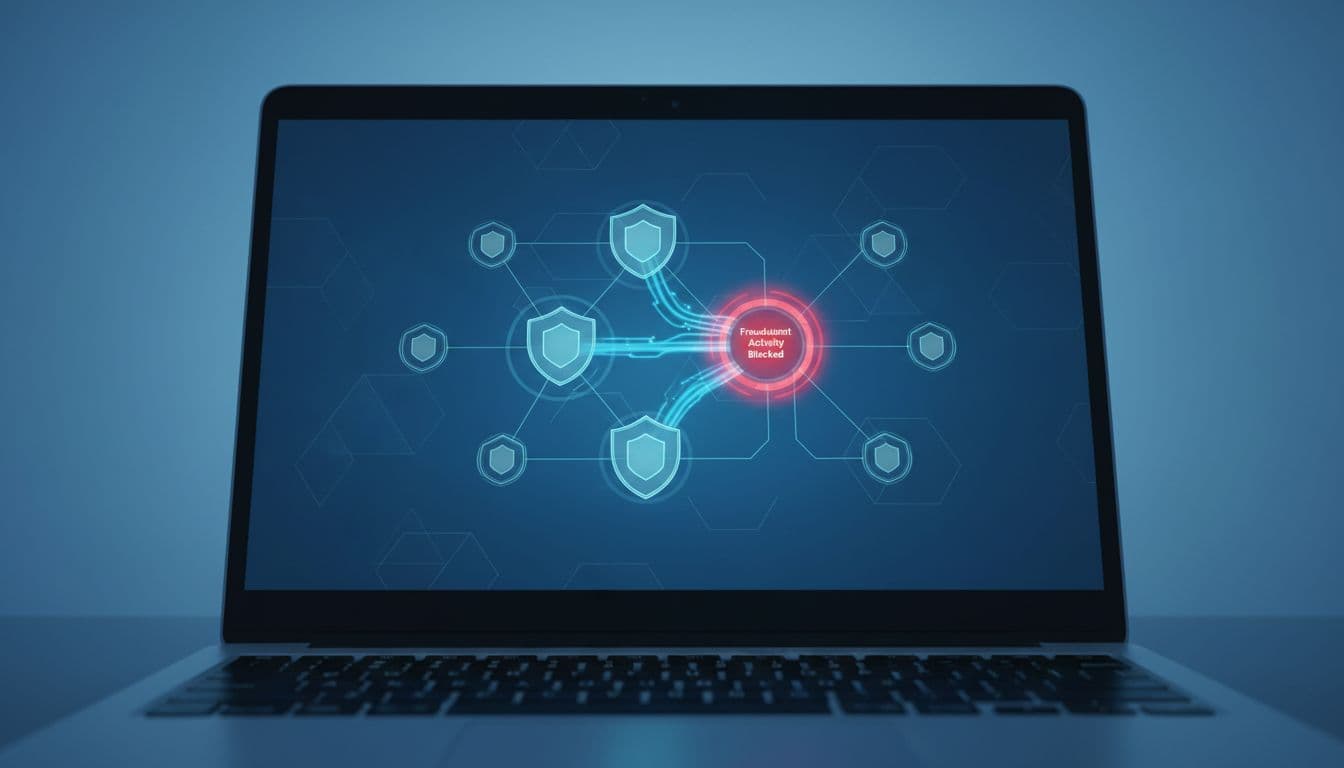 A laptop screen displays a complex network security diagram featuring protected nodes and monitored data connections.