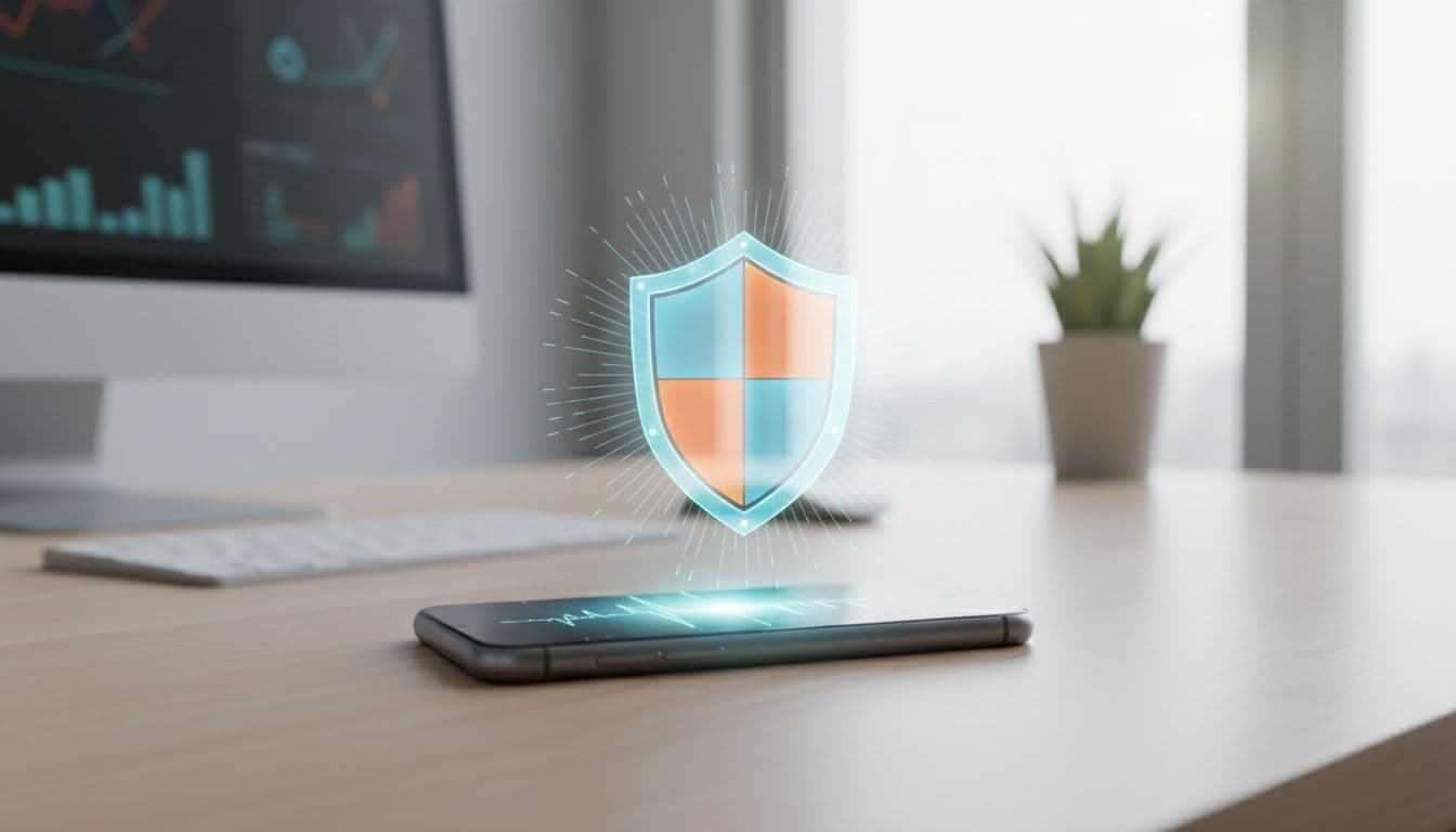 A glowing digital notification icon hovers above a sleek smartphone placed on a modern office desk.