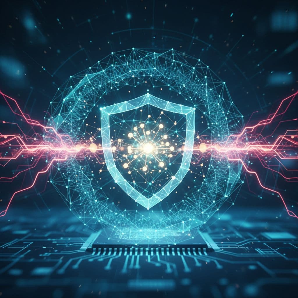 Central shield icon safeguards abstract financial transaction elements in soft blue-green lighting.