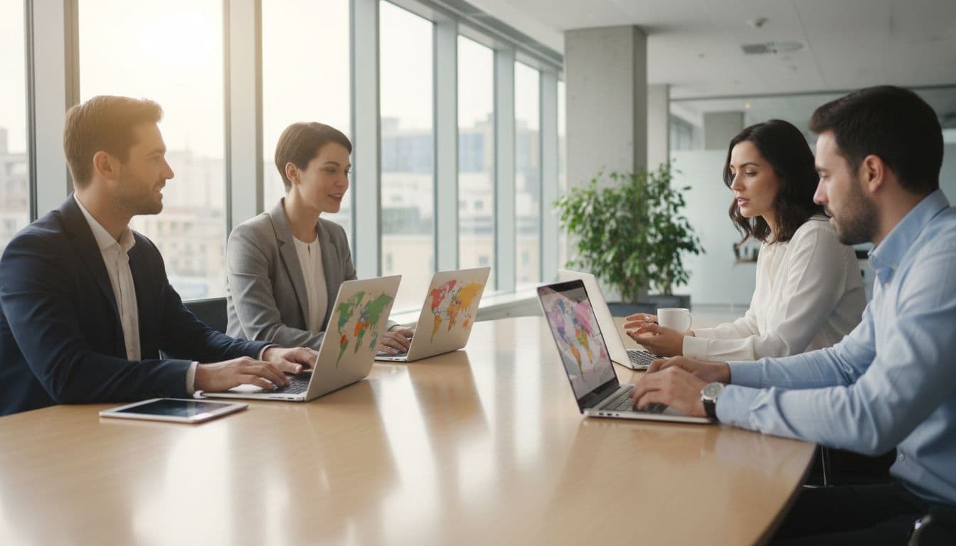 Four diverse professionals from around the world sit around a conference table in a bright modern office, laptops open to video calls displaying maps of countries, engaged in a relaxed collaborative discussion under natural daylight.
