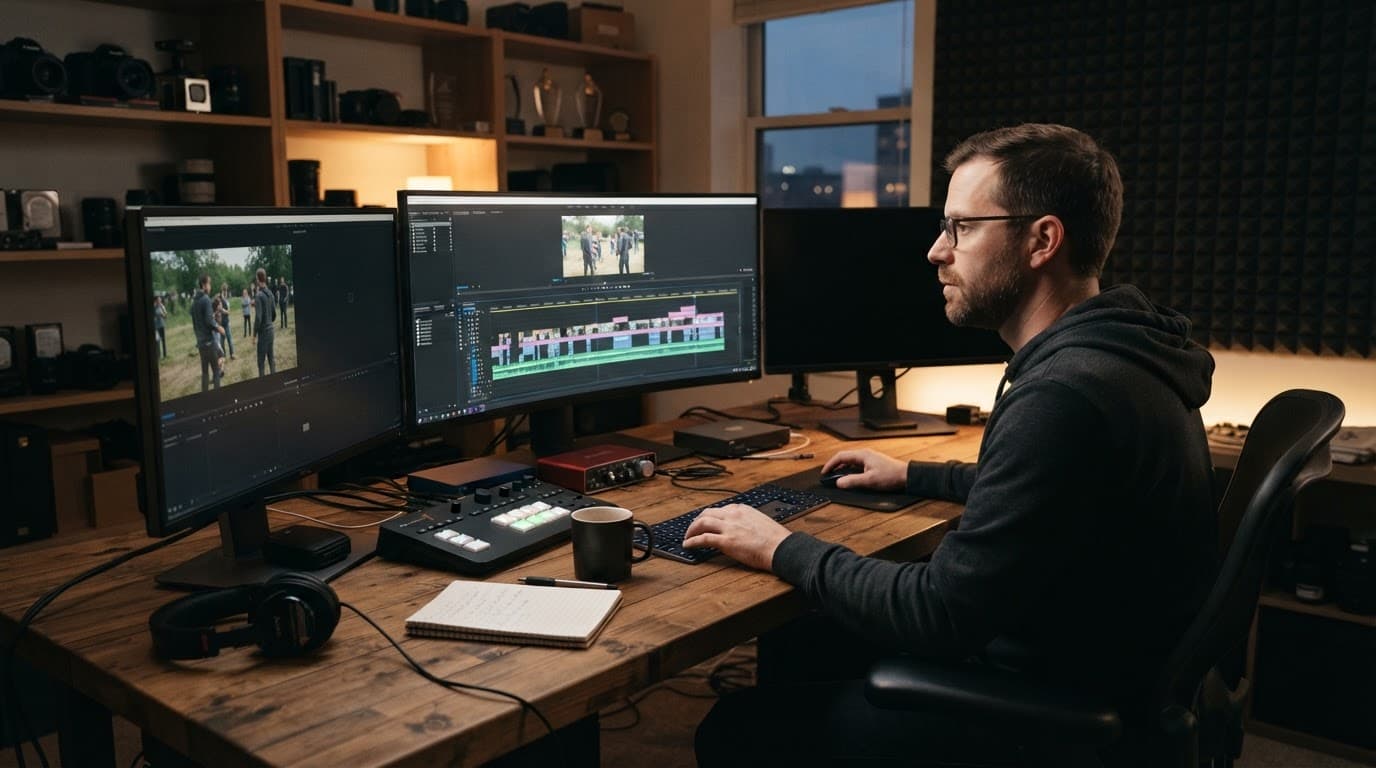 A filmmaker reviews video timeline tracks at a warm-lit editing desk.