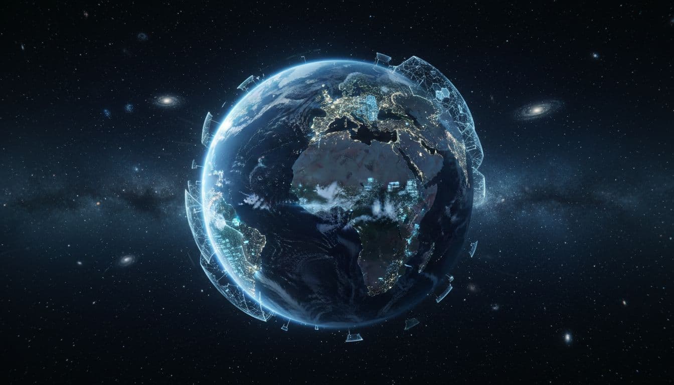 Earth viewed from space with glowing interconnected data centers across continents, security shields and speed lines overlay on a dark cosmic background in sci-fi realistic style with soft blue neon lighting.
