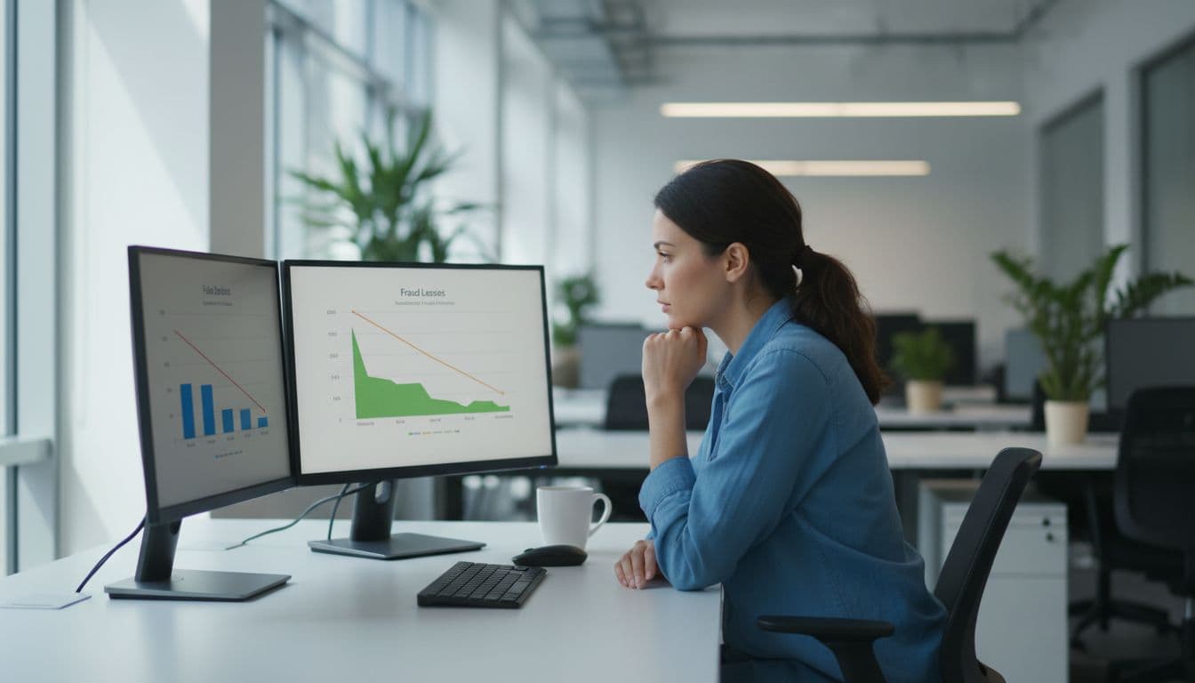 Ecommerce team member at desk reviewing charts comparing false declines and fraud losses on dual monitors in a modern office setting with natural daylight.
