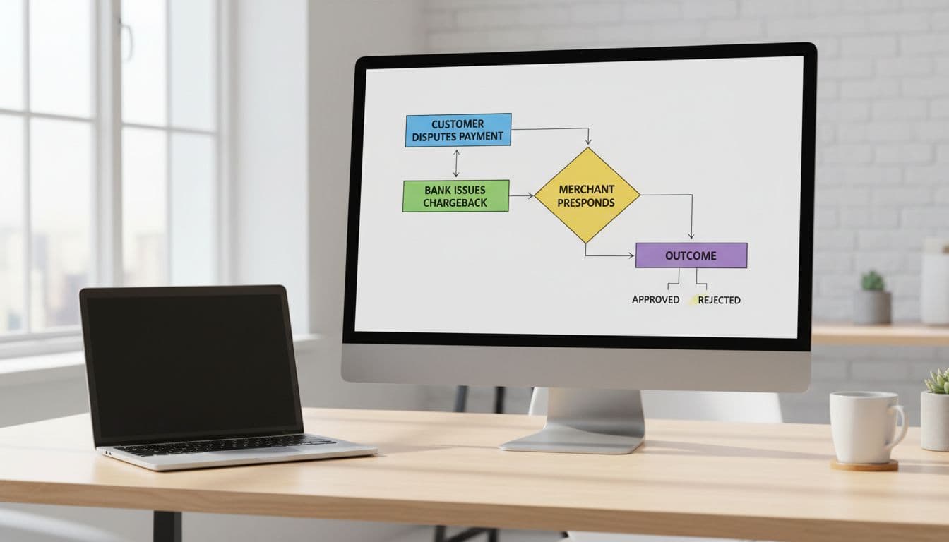 A minimalist vector-style flowchart diagram on a computer screen in a clean office desk setting, illustrating the ecommerce chargeback process from customer dispute to outcome, with natural daylight lighting and no people or extra objects.