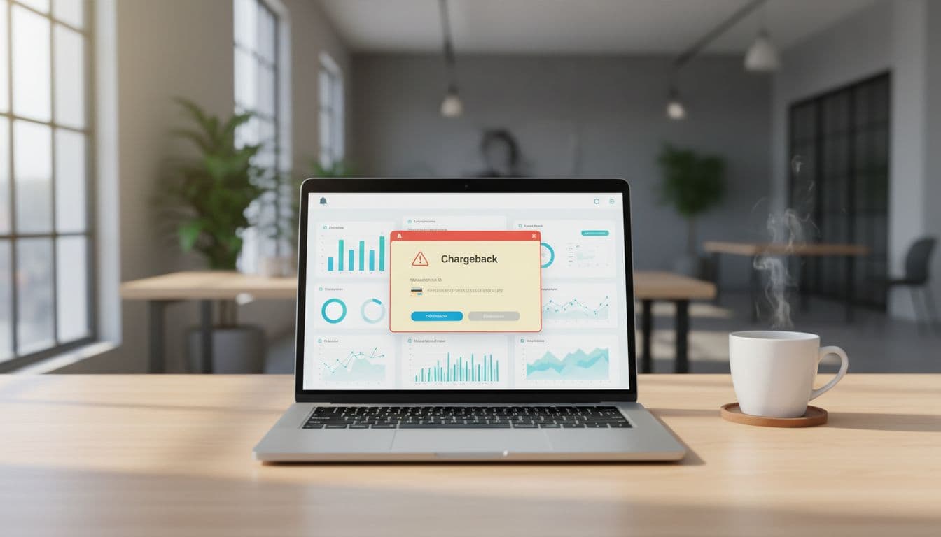 Laptop screen in bright office shows e-commerce dashboard with chargeback alert popup featuring warning bell and transaction ID.
