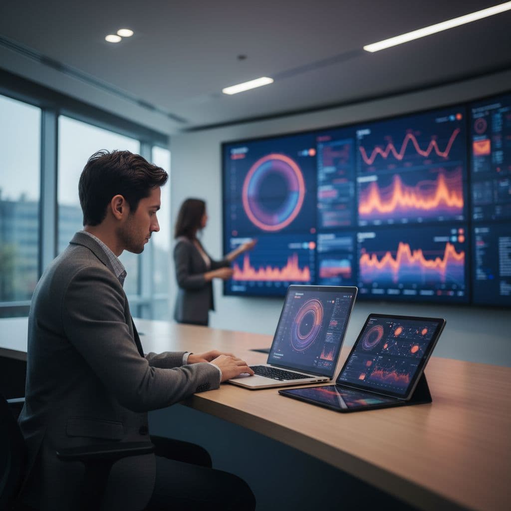Fraud analyst team in bright office examines digital dashboards with data patterns and heatmaps; foreground analyst views laptop and tablet.