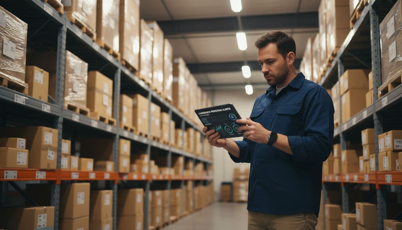 An ecommerce merchant in a warehouse reviews chargeback prevention alerts on a tablet, holding it naturally with both hands, with stacks of packages in the softly lit background.