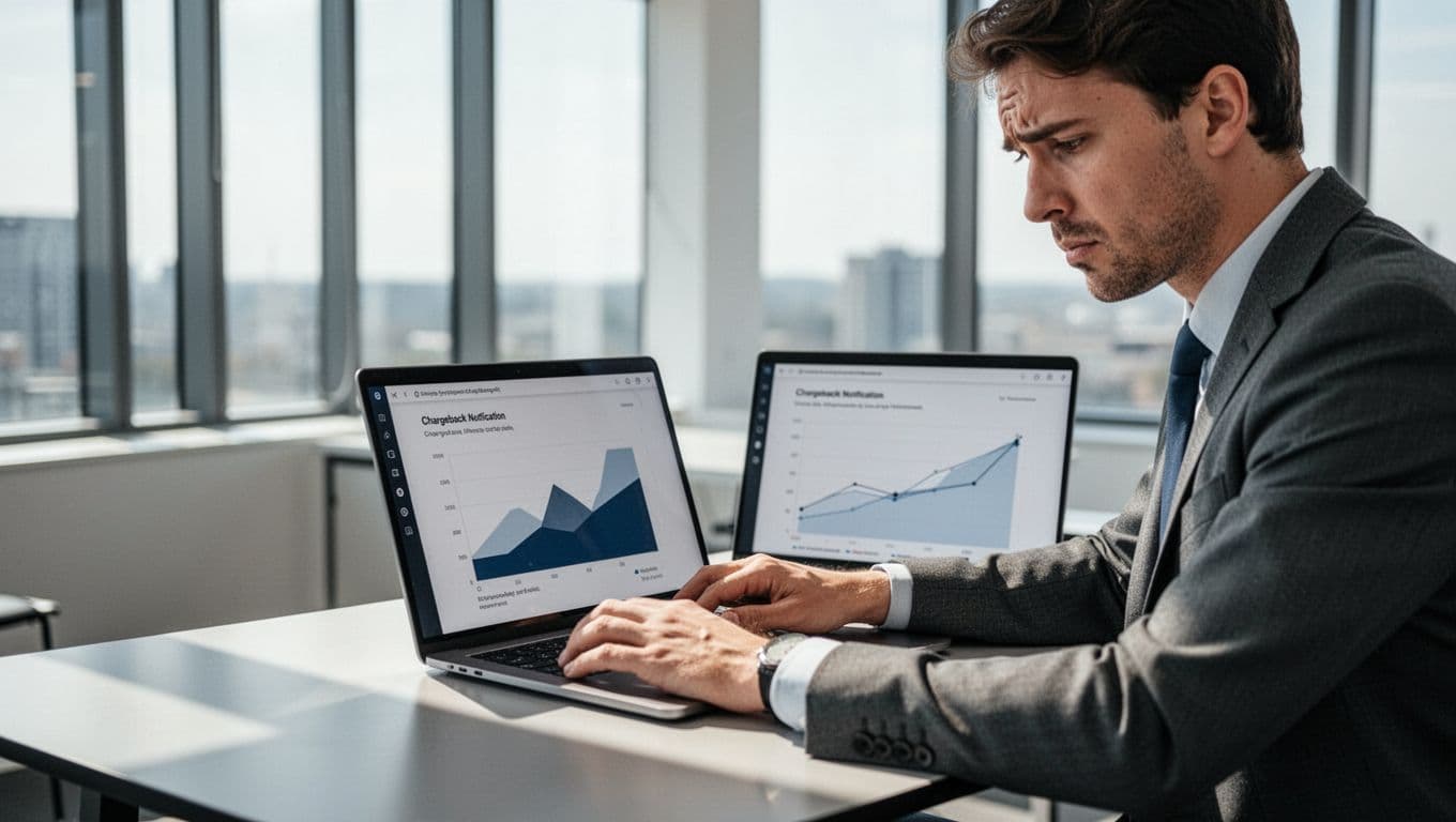 A concerned e-commerce merchant sits at a modern office desk, reviewing a chargeback notification on a laptop screen showing abstract graphs, with natural daylight lighting and clean composition focused on the person and screen.