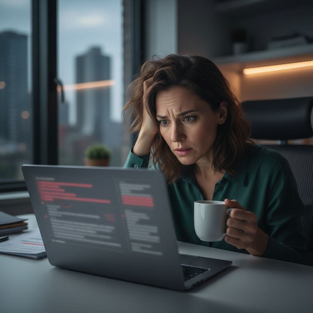 A frustrated business owner sits at a desk looking at a laptop screen in a dim home office.
