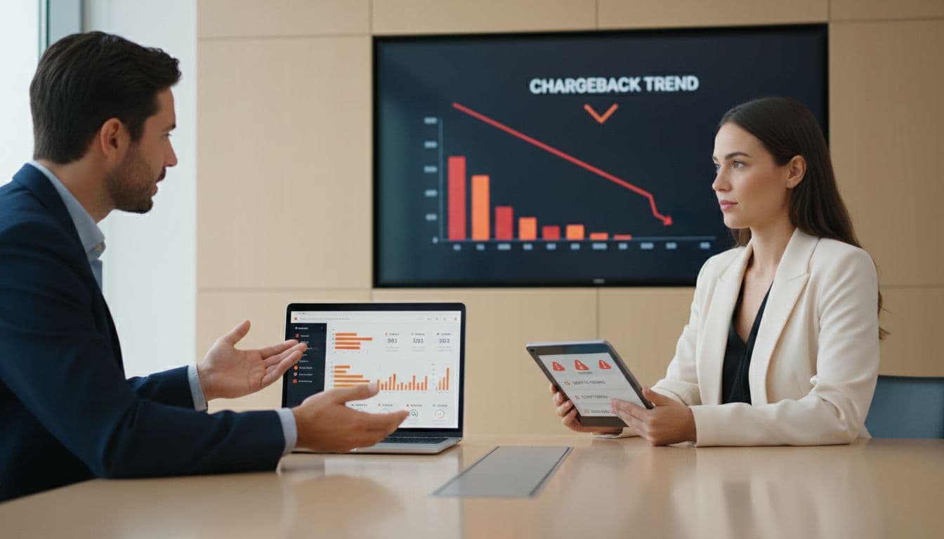 Two professionals, one man and one woman, seated in a modern conference room at a table with a laptop displaying an alert dashboard, a tablet showing dispute notifications, and a wall screen with a downward trending chargeback graph, discussing proactive strategy.