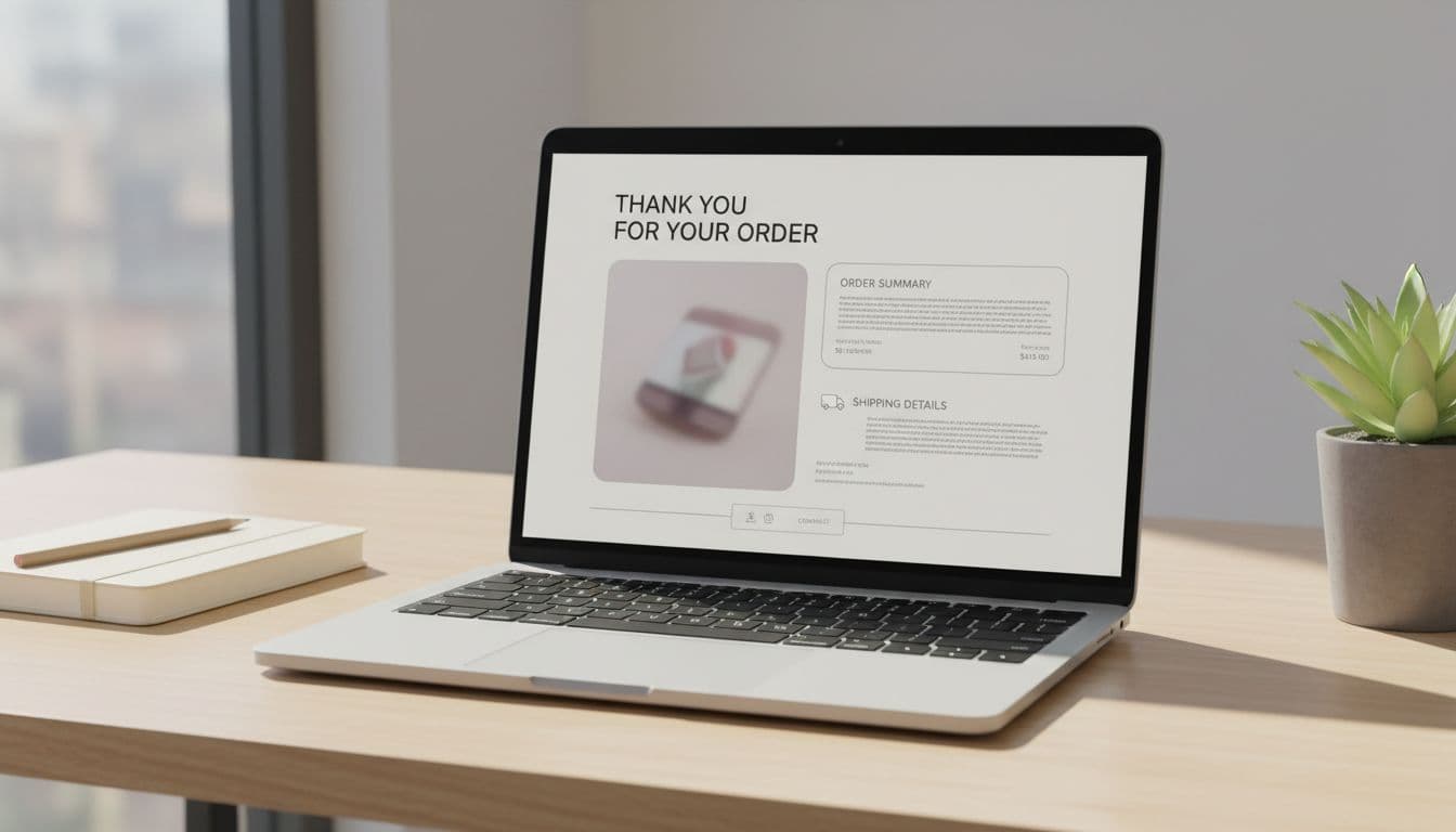 Laptop screen displays ecommerce order confirmation layout with product photo, summary box, shipping section on wooden desk with notebook and plant.