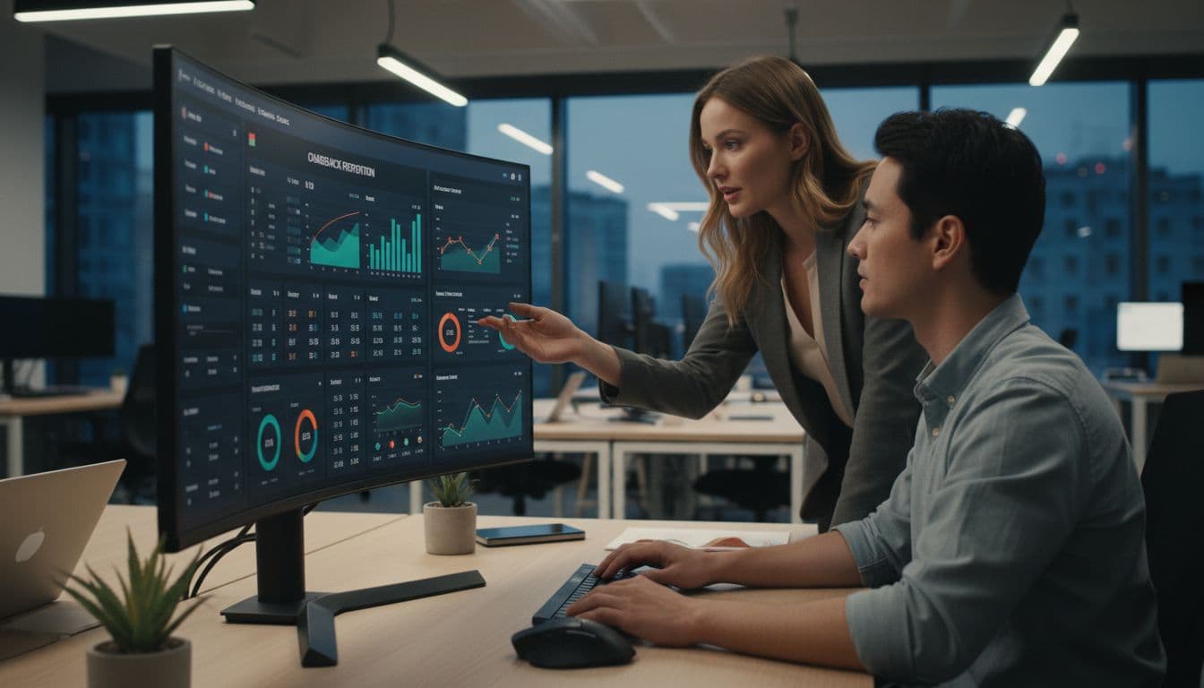 Two team members in a modern e-commerce office collaborate at a large screen dashboard monitoring alerts and preventing chargebacks, with charts, relaxed posture, and soft lighting in realistic photo style.