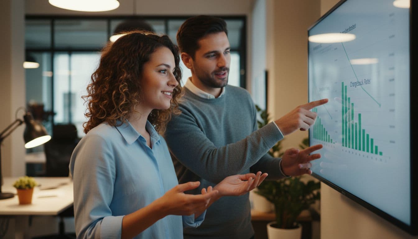 Two optimistic team members in a warm-lit collaborative workspace point at a shared screen displaying data charts with declining chargeback rates, realistic photo style with tight composition.