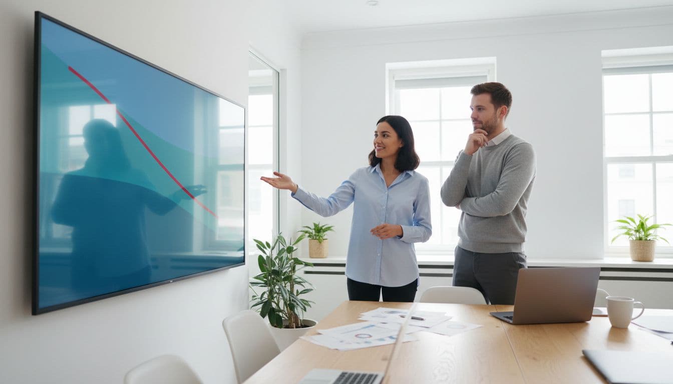 Two people in modern office point at large screen showing dashboard with decreasing dispute numbers.