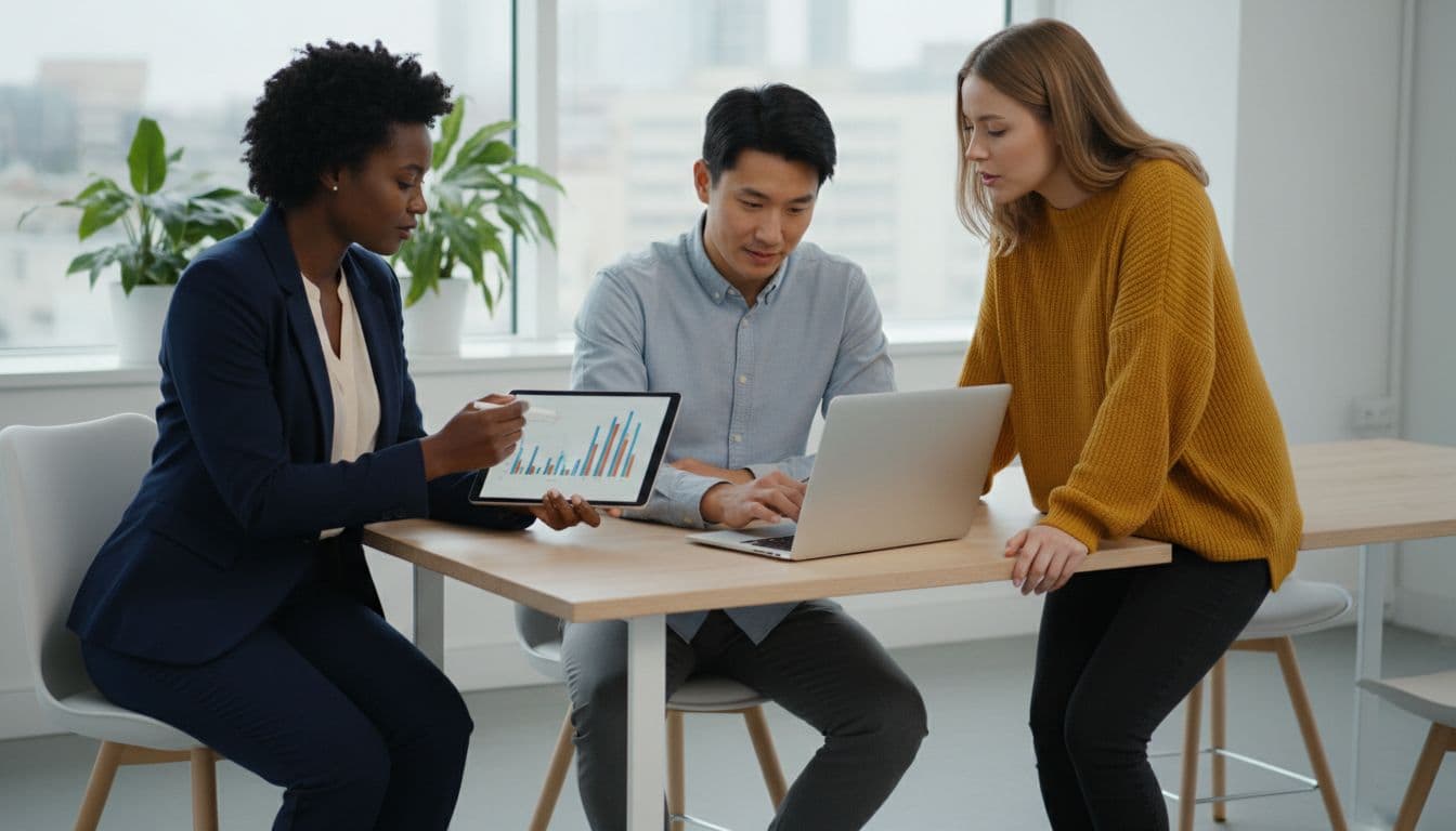 Three professional colleagues collaborate on a chargeback defense strategy in a modern bright office space.