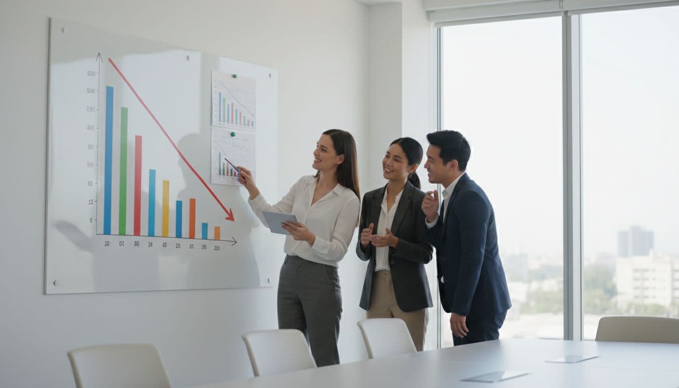 Three ecommerce support staff review whiteboard charts showing declining chargeback numbers in a meeting room.