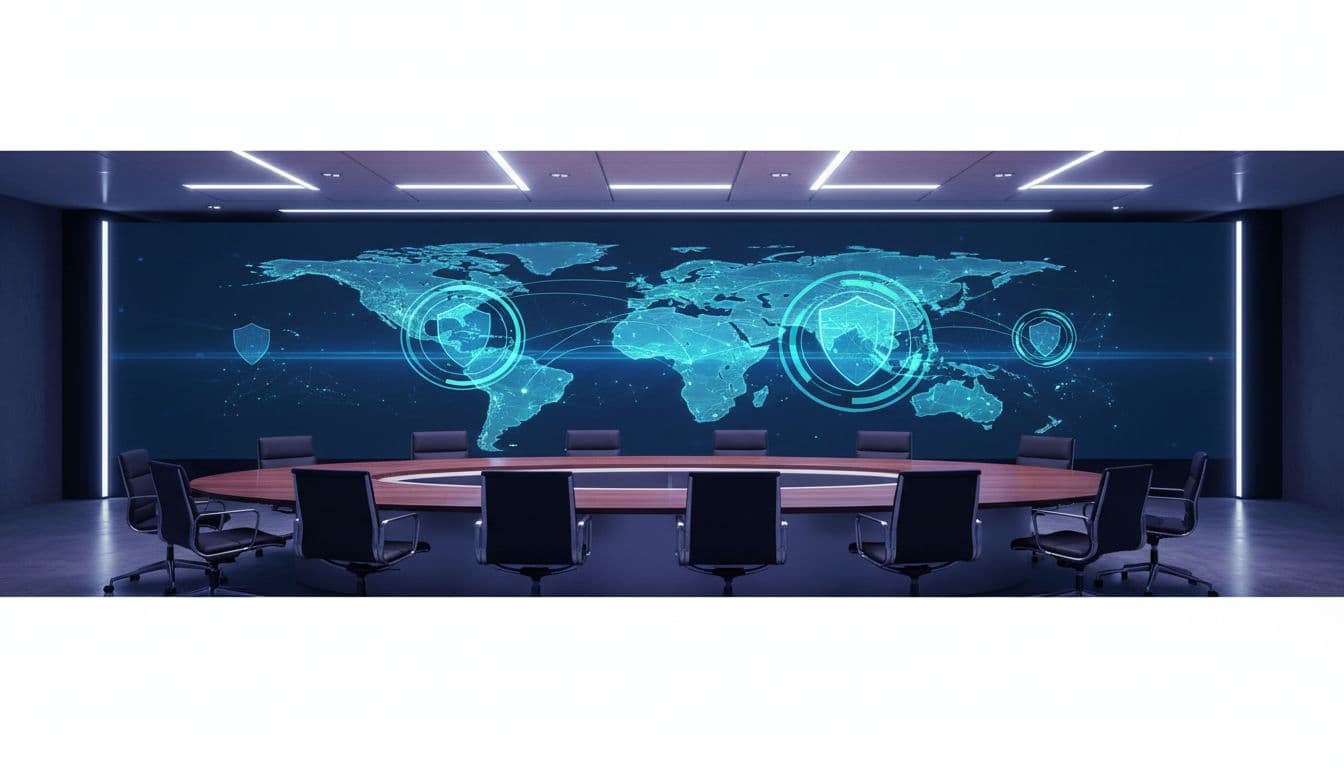 Modern corporate boardroom with a large wall screen displaying a global network map overlaid with enterprise security layers, surrounded by empty executive chairs in a high-tech, dimly lit atmosphere.