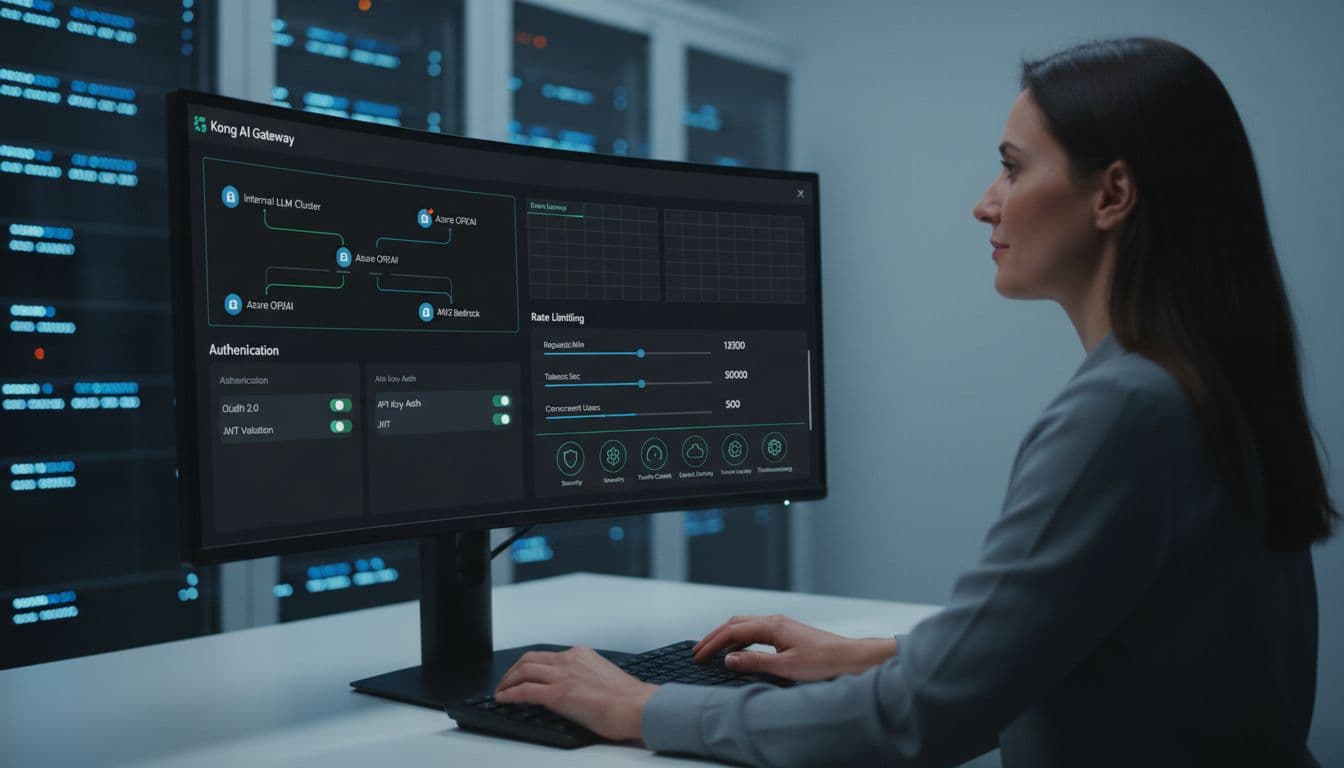 Enterprise IT admin in a modern server room configures Kong AI Gateway dashboard on a large monitor displaying secure LLM routing controls, authentication panels, rate limiting sliders, and plugin icons for auth and plugins, with relaxed hands on keyboard under professional lighting.
